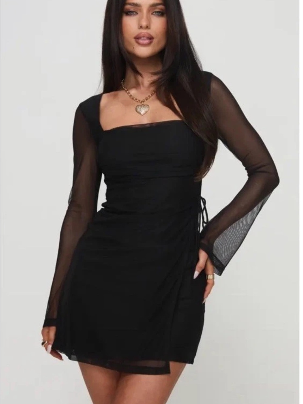Princess Polly Martinez Black Square-Neck Mesh Sleeve Mini Dress Size 4 NWOT